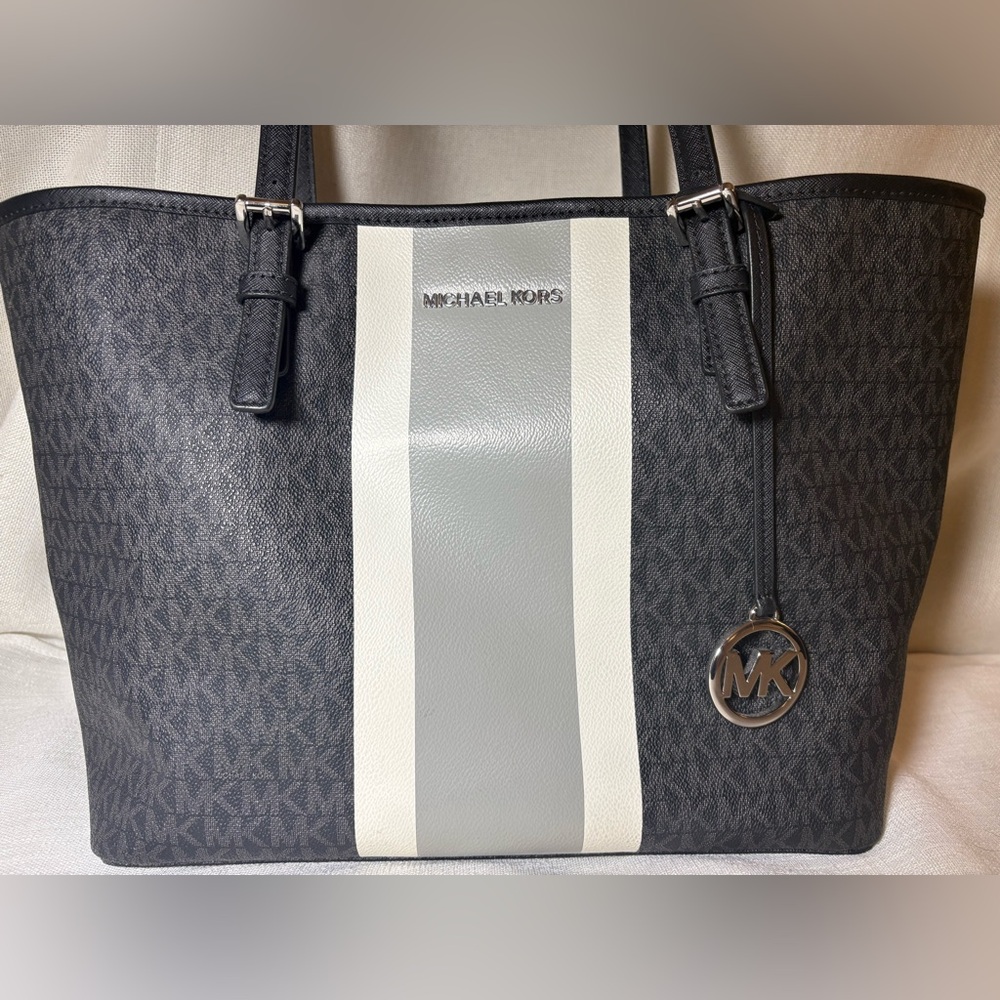 Michael Kors Eva Large Logo Stripe Tote Black MK Signature Work Laptop Bag NWOT - Picture 4 of 16